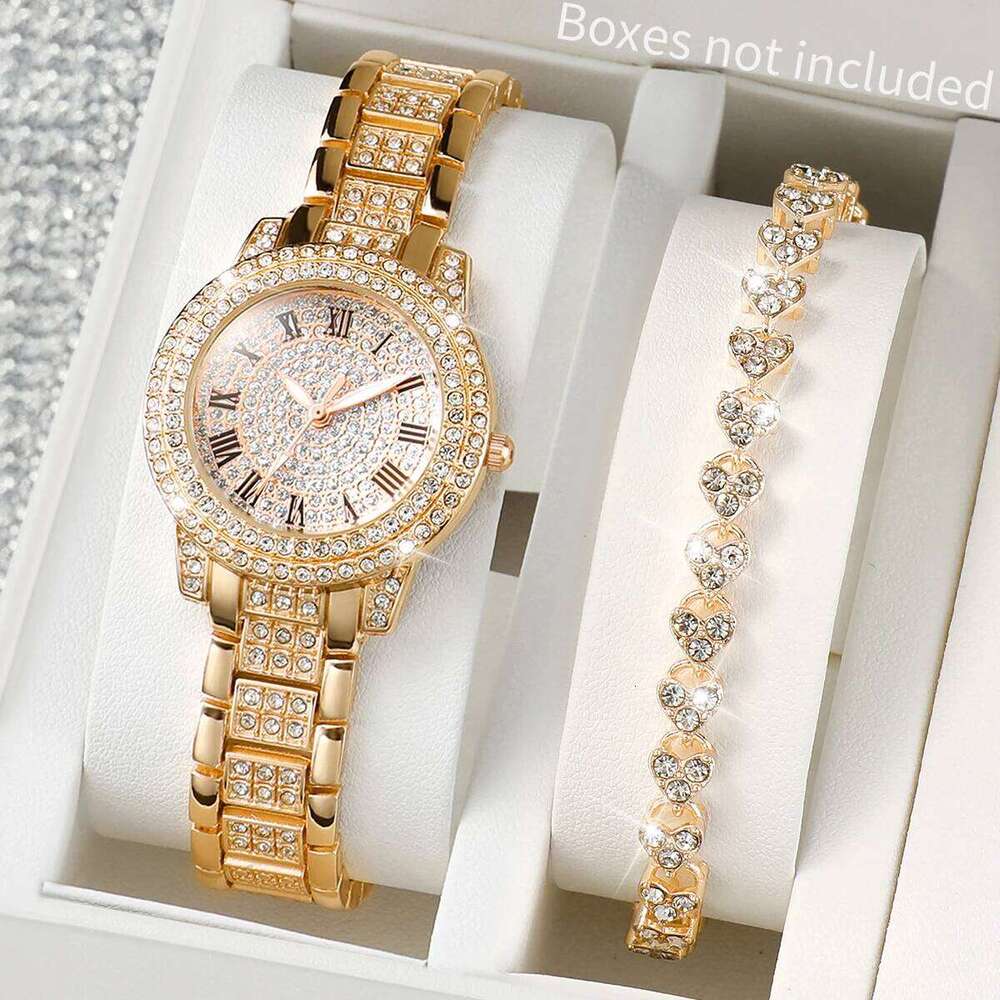 2PCS/Set Women's Fashion Full Diamond Roman Dial Steel Band Quartz Rhinestone Heart SetWithout Box H260228