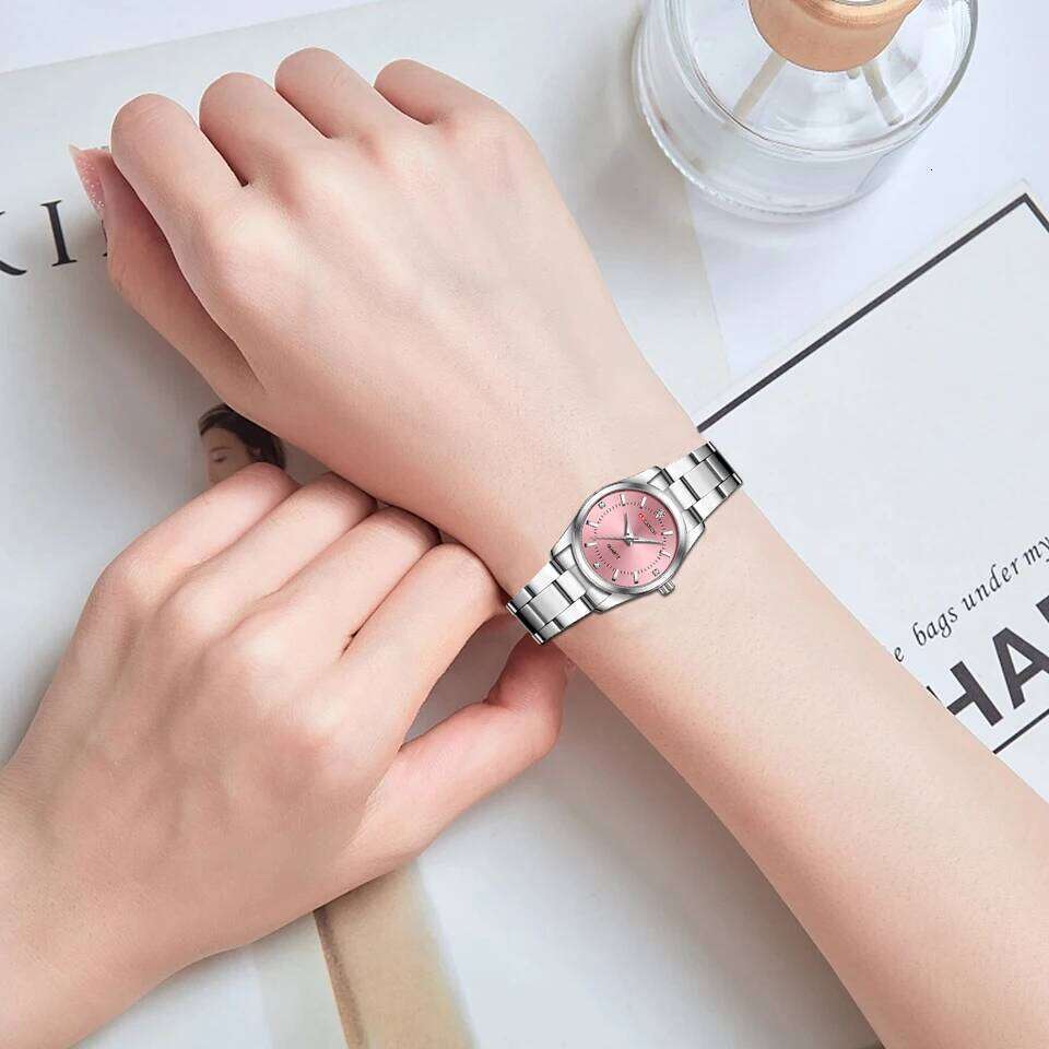 Luxury Women's 29mm Fashionable Stainless Steel Rhinestone Pink Minimalist Girl Clock Outdoor Travel Women Wrist es H260228