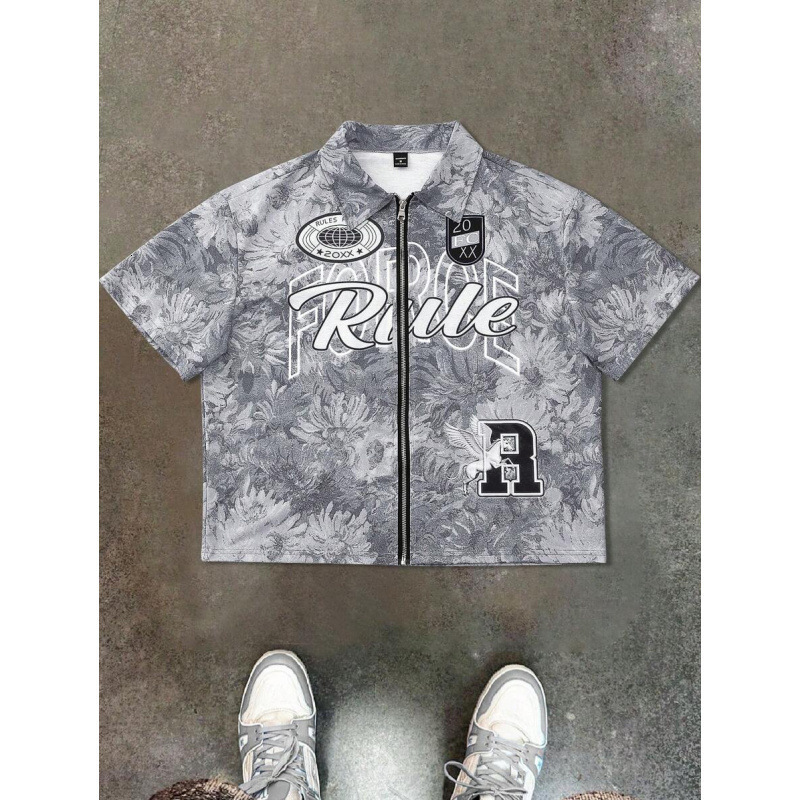 Luxury Brand Designer Clothes Temu Hot-Selling American Retro Short-Sleeve Zip-Up Shirt With 3D Letter Print, Unisex Style