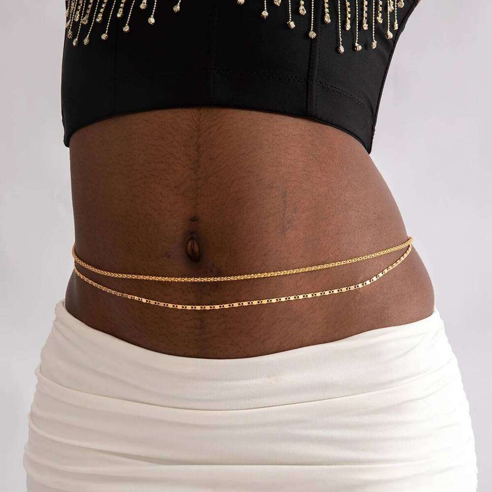 Docona Gold Color Beaded Summer Chain Elegant Bead Waist Link Beach Bikini Jewelry Accessories for Women body jewelry H260228