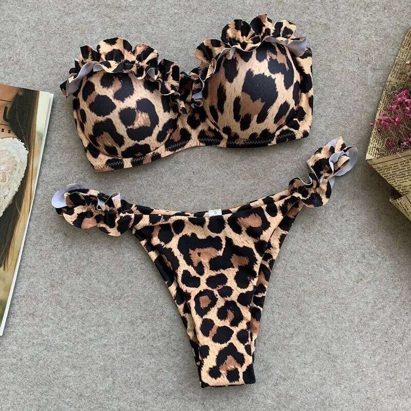 sexy ruffles strapless bikinis sets women leopard print swimsuit two pieces biquini push up bandeau lady swimwear bathing suits Z260301