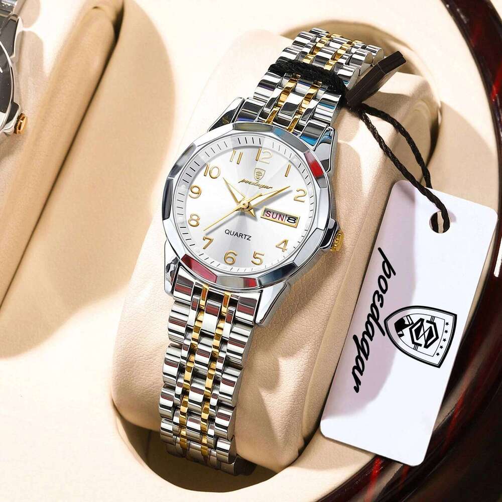 POEDAGAR Elegant Ladies es Waterproof Luminous Date Week for Woman High Quality Stainless Steel Quartz Women's H260228