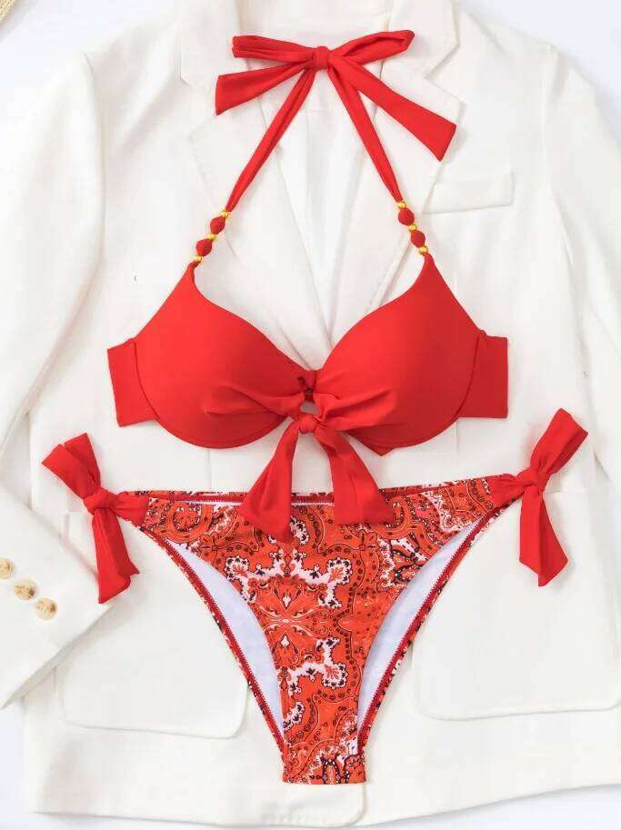 2025 Push Up Halter Bikini Printed Swimsuit Women Sexy Strappy Swimwear Female Bathers Bathing Swimming Swim Suit Beachwear Z260301