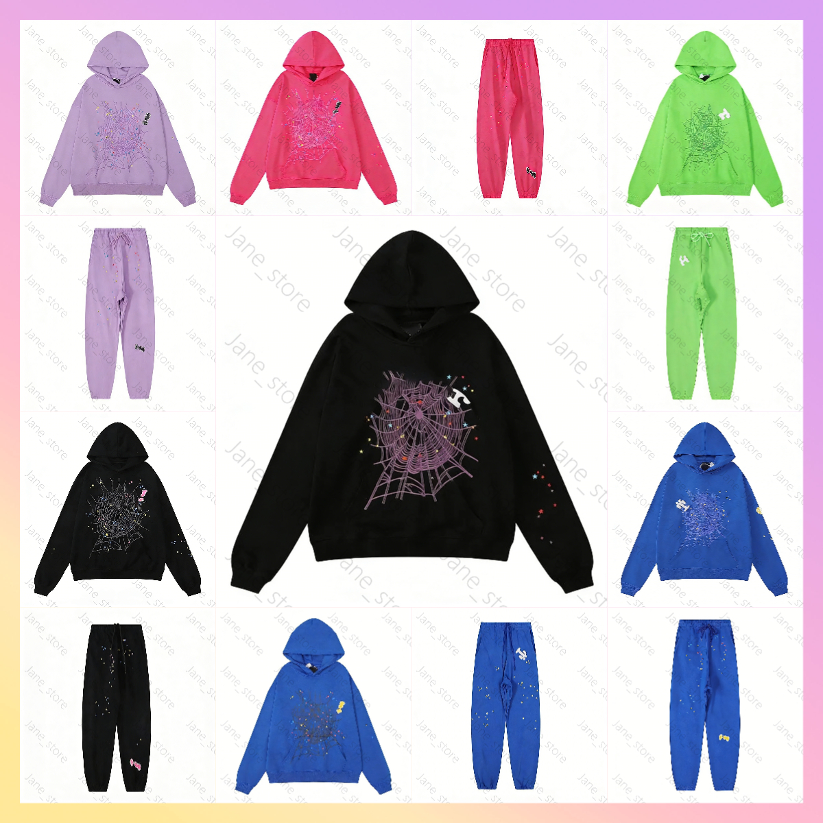 2026 Mens 5A Web Hoodie for men Sweatshirts Hoody Women polo grid cobweb pink Spider hoody Tracksuit Print Pullover net pants suit Trousers 009