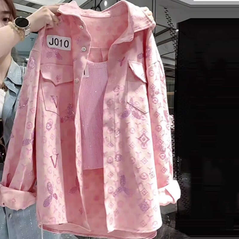 Heavy-Duty Rhinestone Pink Lapel Style New Denim Shirt Jacket Women, 2025 Spring/Summer New Casual Cardigan For Petite Women