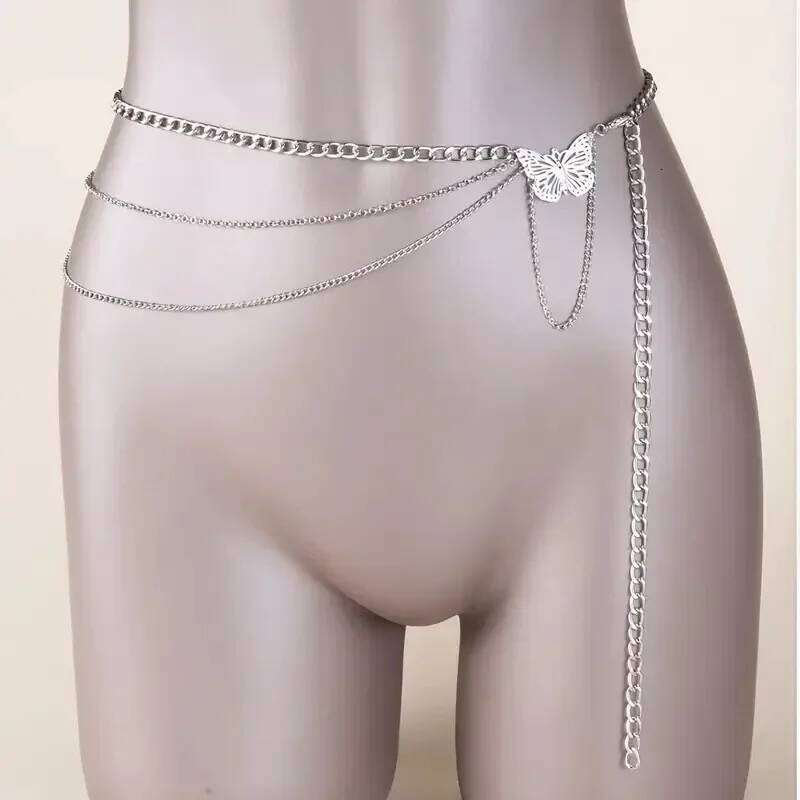 2025Summer Versatile Hip Hop Retro Tassel Waist Female Creative Hollow Butterfly Flower Plate Body Chain H260228