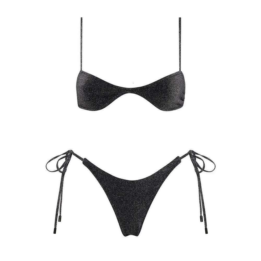 Black Shiny Women Bathing Suit Brazilian Beachwear Split Swimsuit with Chest Pads Thong Tiny Mini Bikini Z260301