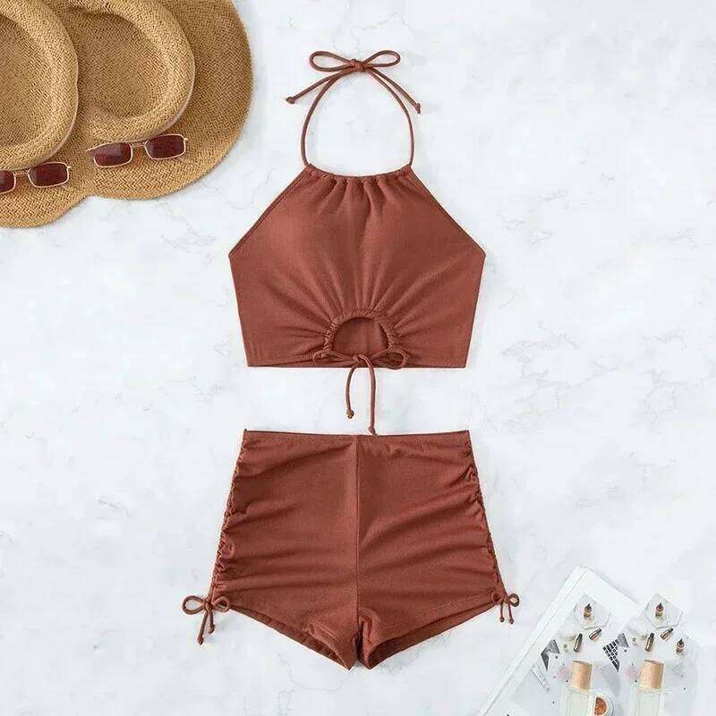 Brown Ribbed Swimwear Shorts Swimsuits Women Halter Bikinis Sets String Drawstring Bathing Suit Beachwear Sexy Bikini 2026 Mujer Z260301