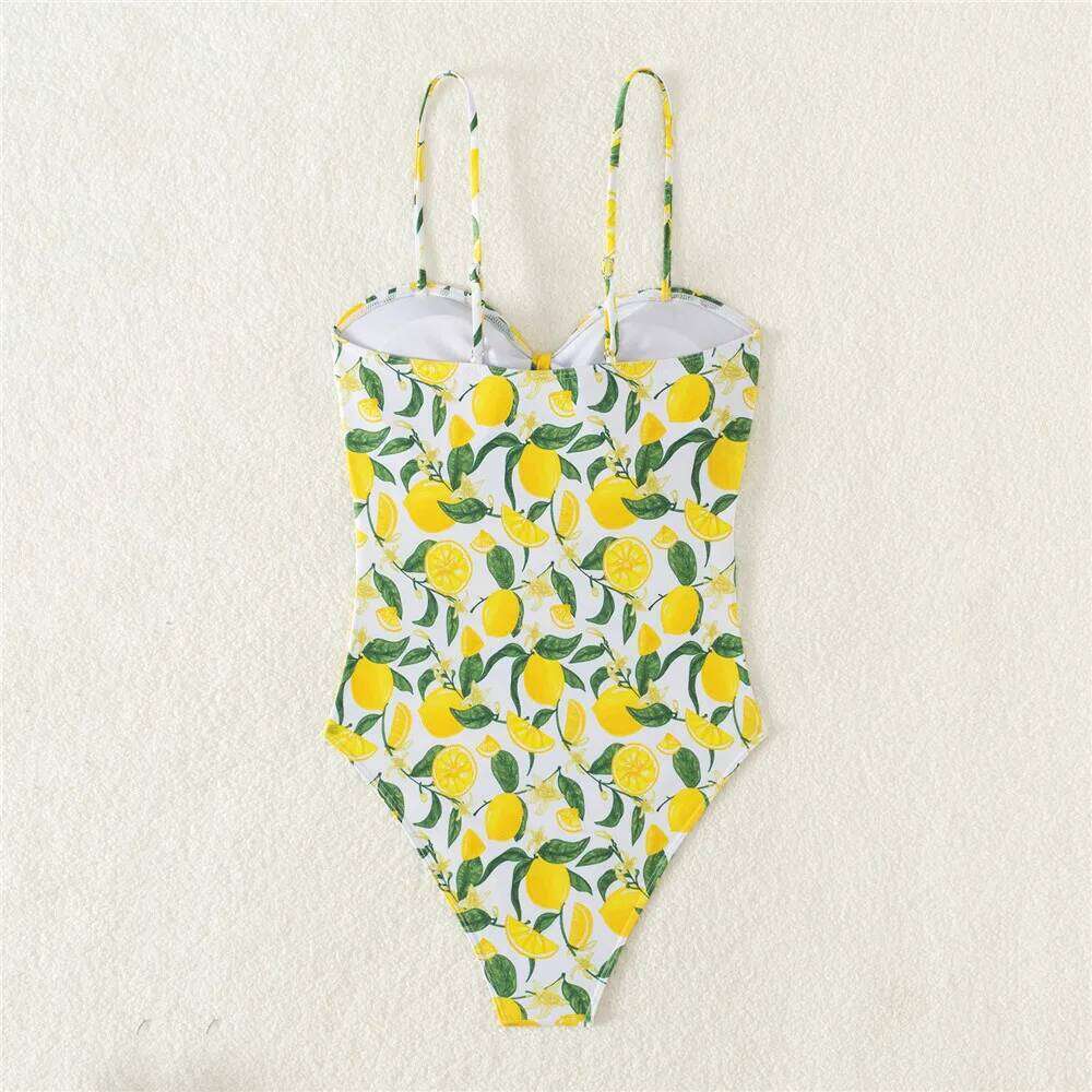 Sexy Yellow Lemon Leaf Print Swimsuit Women 2025 One Piece Swimwear Female Front Hollow Out Bow Bathing Swimming Suit Bather Z260301