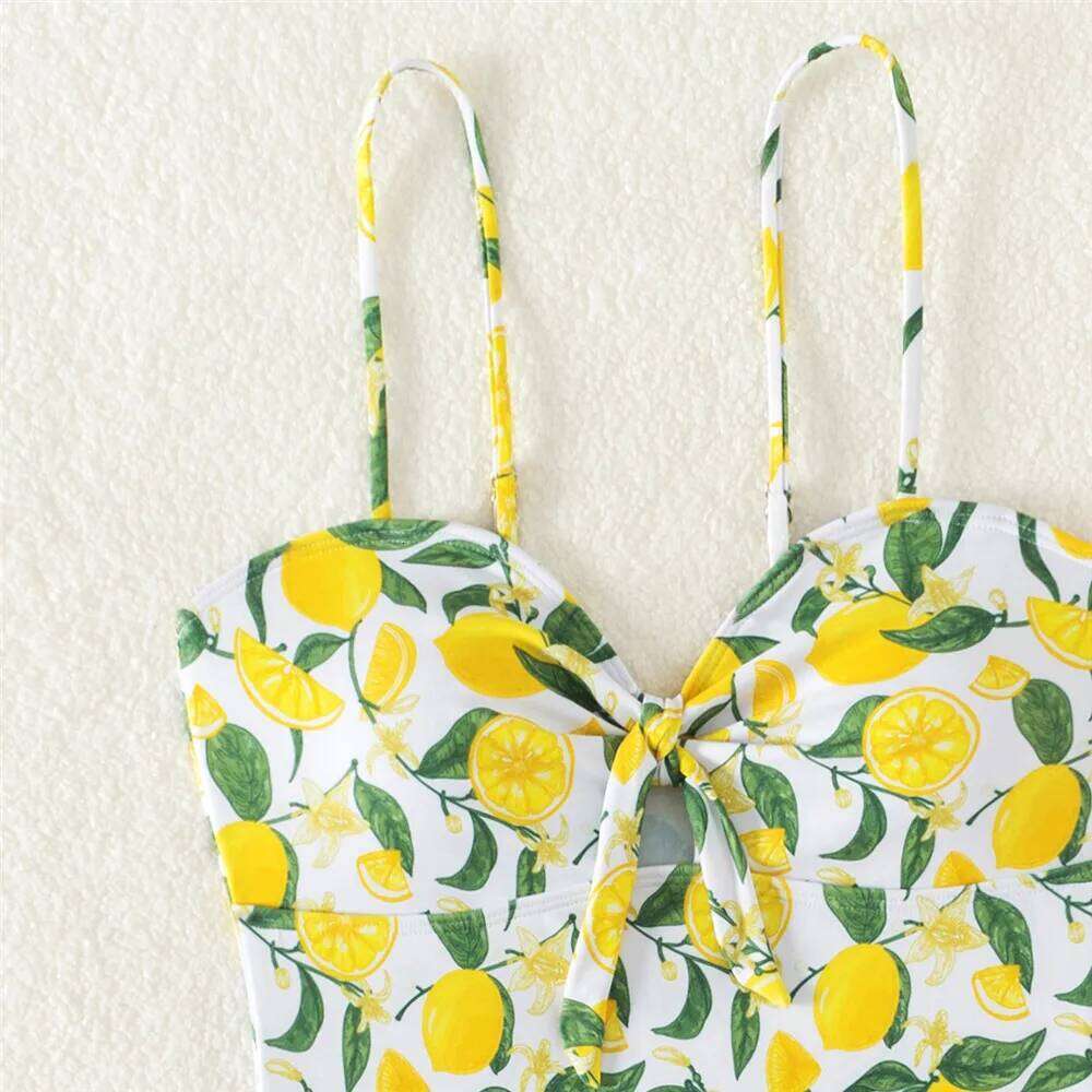 Sexy Yellow Lemon Leaf Print Swimsuit Women 2025 One Piece Swimwear Female Front Hollow Out Bow Bathing Swimming Suit Bather Z260301