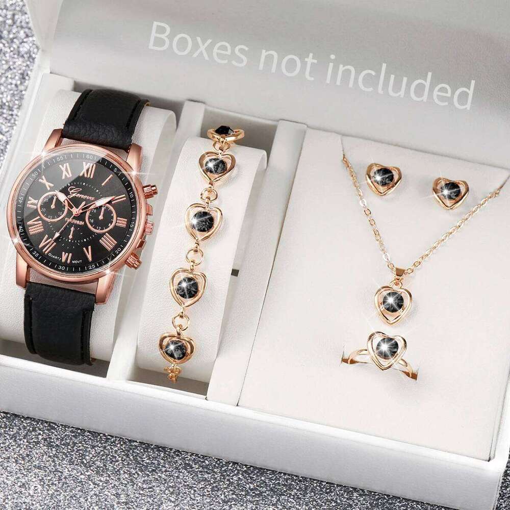 5/6PCS Women es Jewelry Set Fashion Roma Dial Ladies Leather Band Quartz Relogios FemininoWithout Box H260228