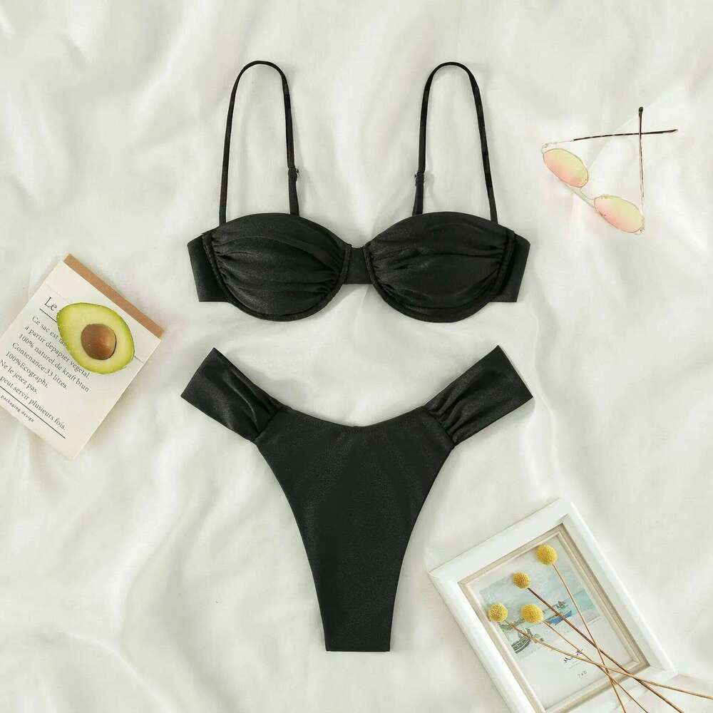 Women Sexy High Cut Bikini Sets Push-up Pleated Bra+Low Waist Briefs Two-Piece Swimsuits Solid Color Swimwear Z260301