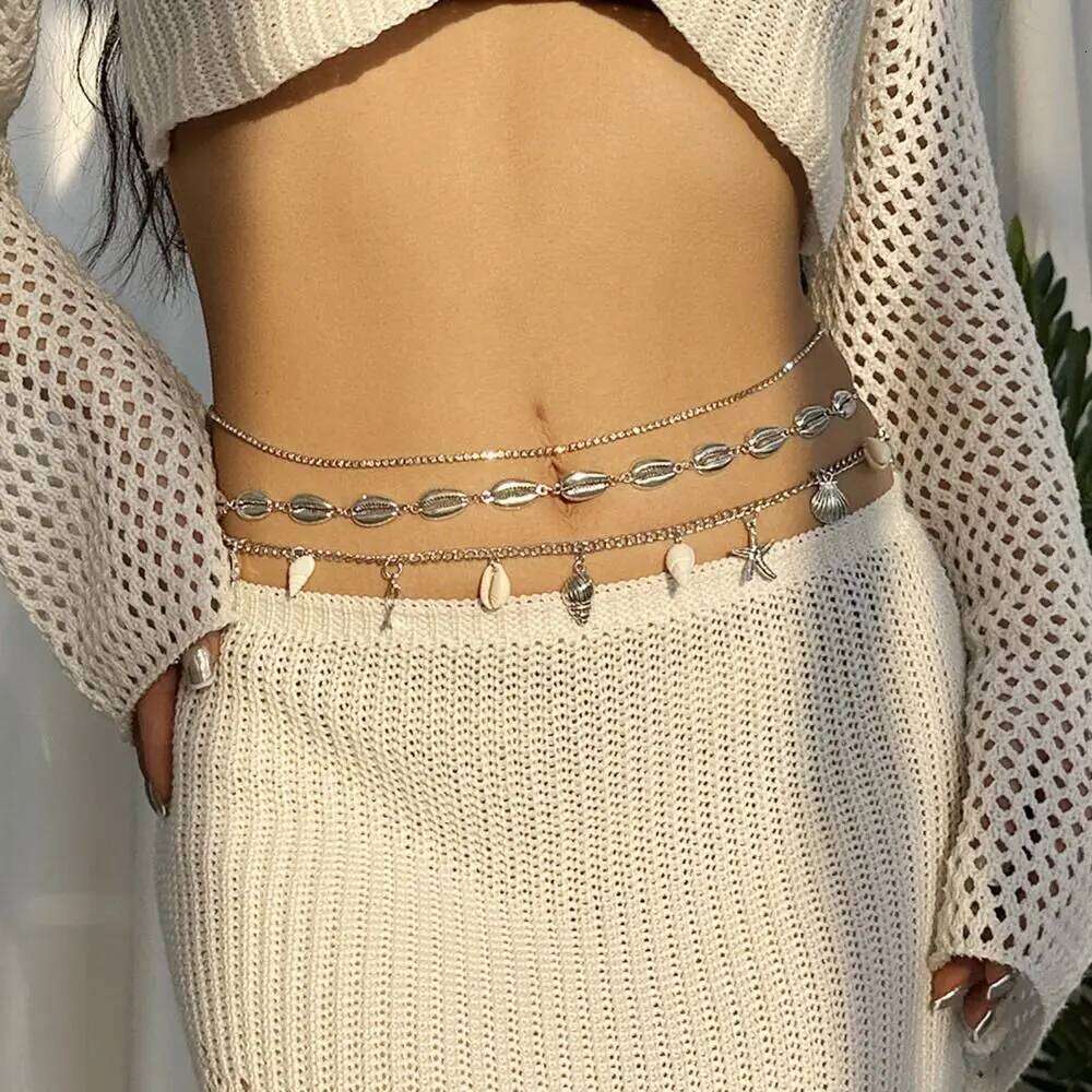 Fashion Bohemian Chain Imitation Pearl Sea Star Shell Waist Link Hollow Out Beach Bikini Jewelry Accessories for Women H260228