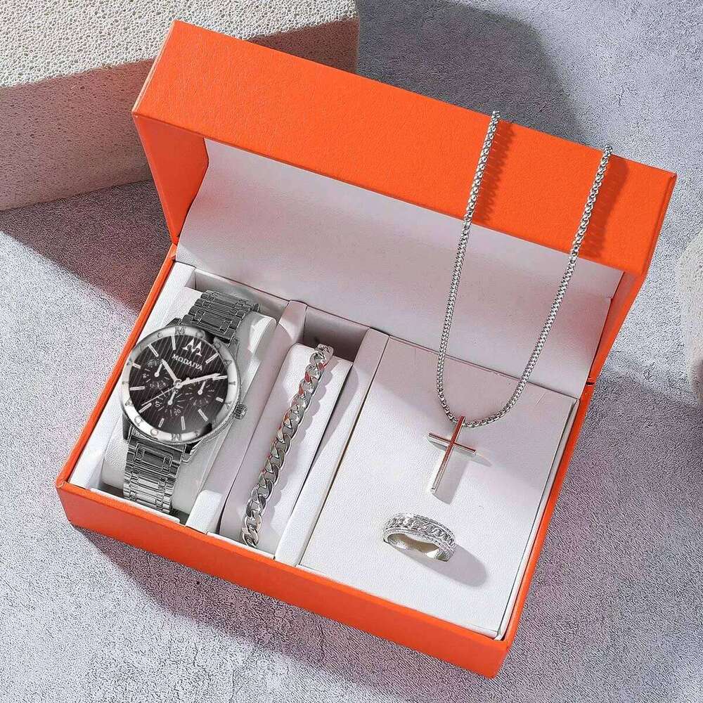 Fashion Light Trendy Round Dial Alloy Strap Women Quartz Jewelry 4 Piece Set for Christmas and Thanksgiving Gifts H260228