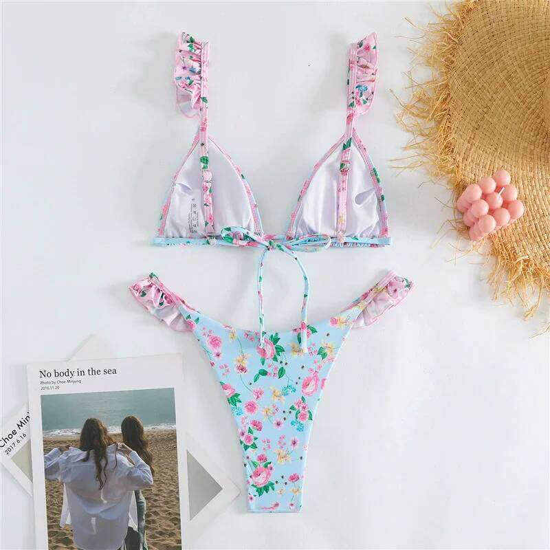 Light Blue Floral Print Swimwear Ruffled Strap Triangle Thong Micro Bikini 2026 Sexy Swimsuit Women Low Waisted Bather Bikinis Z260301