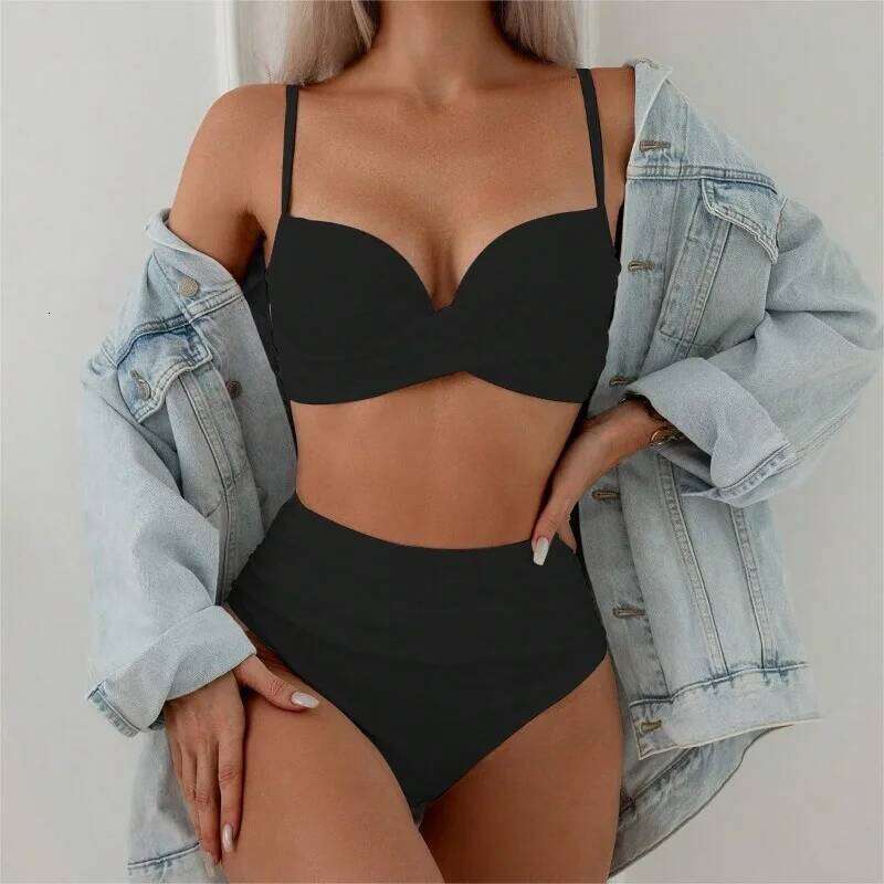 2025 Solid Color High-Waist Bikini Set | Premium Minimalist European Beachwear for Women, Trendy Two-Piece Swimsuit Z260301