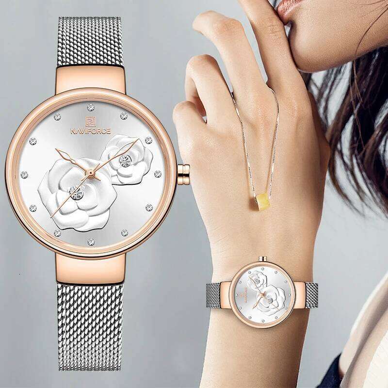 Women NAVIFORCE Top Luxury Brand Steel Mesh Waterproof Ladies es Flower Quartz Female Wrist Charming Girl Clock H260228