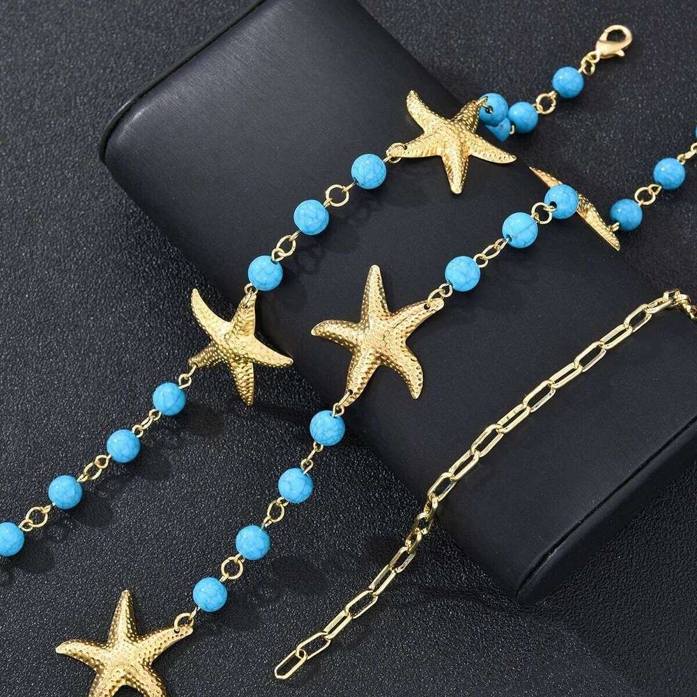Bohemian Turquoise Starfish Waist for Women Trendy Temperament Gold Color Belly Chain Summer Beach Bikini Body Jewelry New H260228