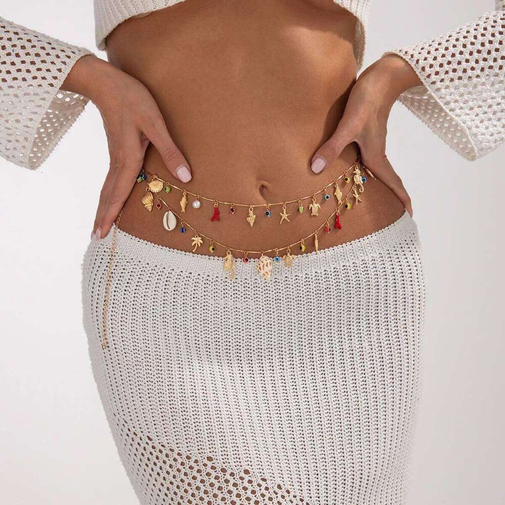 Personality Women's Body Multi-Element INS Style Metal Thin Waist Chain Gold Pendant Double-Layer Versatile Belt H260228