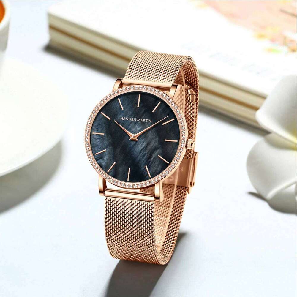 Hannah Martin Luxury Water Diamond Women Fashion 36mm Shell Dial Rose Gold Stainless Steel Japanese Original Quartz H260228