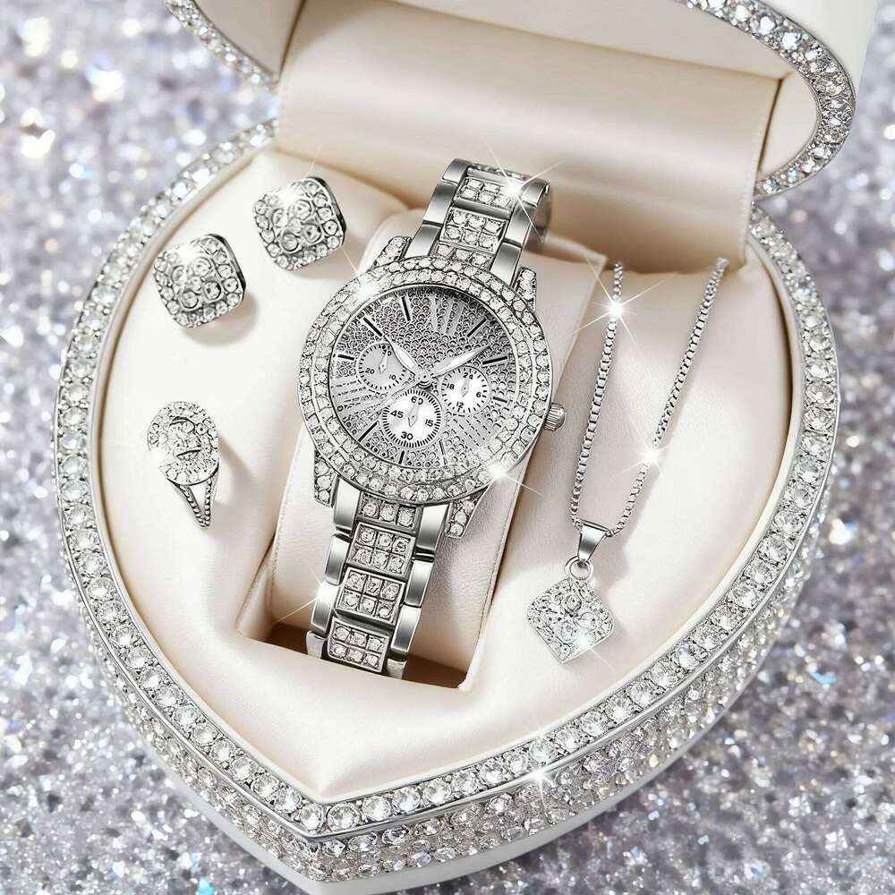 5PCS Elegant Women's Jewelry Set Fashion Rhinestone Ladies Quartz Wrist Reloj Mujer Girls Clock GiftWithout Box H260228