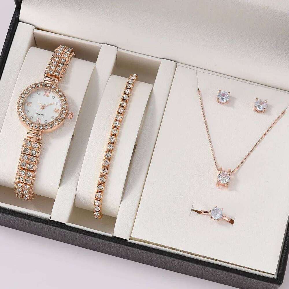 Women Quartz with Diamonds Simple Stainless Steel Strap Clock Ring Necklace Earrings Rhinestone Set Reloj no Box H260228