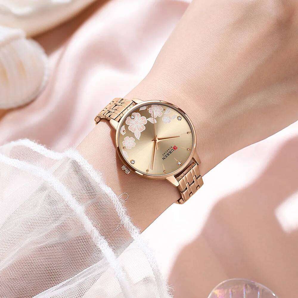 CURREN Fashion Quartz Wristes for Women Simple Stainless Steel with Flower Design Dial H260228