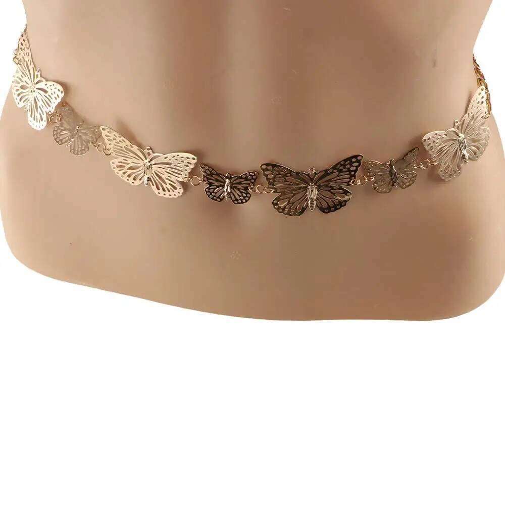 Chic Vintage Butterfly Waist Jewelry Metal Dress Belt Chains Y2K Gold Tassel Body Chain Gift H260228