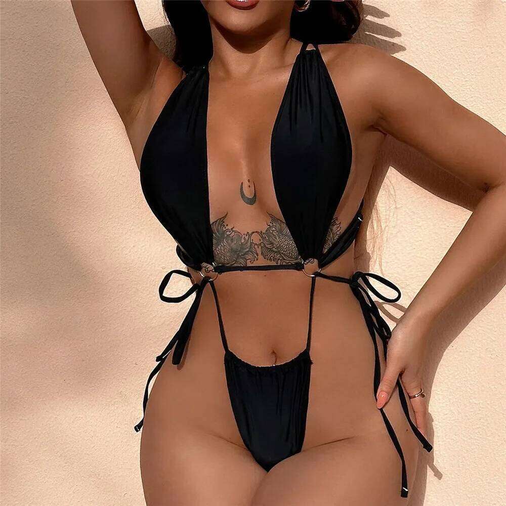 Sexy Black Backless String Lace-up Swimwear Woman 2026 One Piece Swimsuit Hollow Out Monokini Micro Thong Bathing Suit Bather Z260301