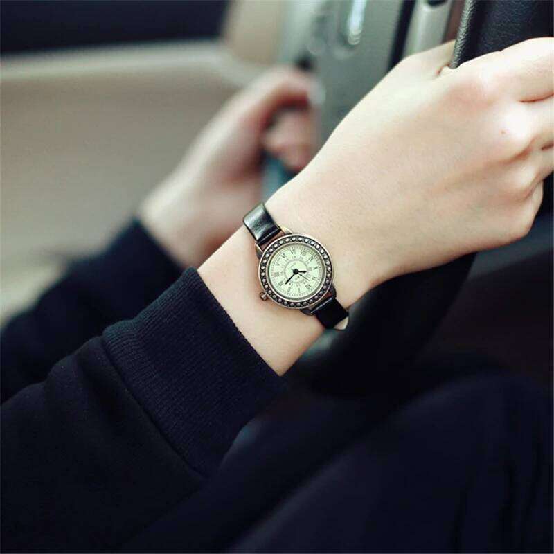 Vintage women slim PU leather Roman scale quartz H260228