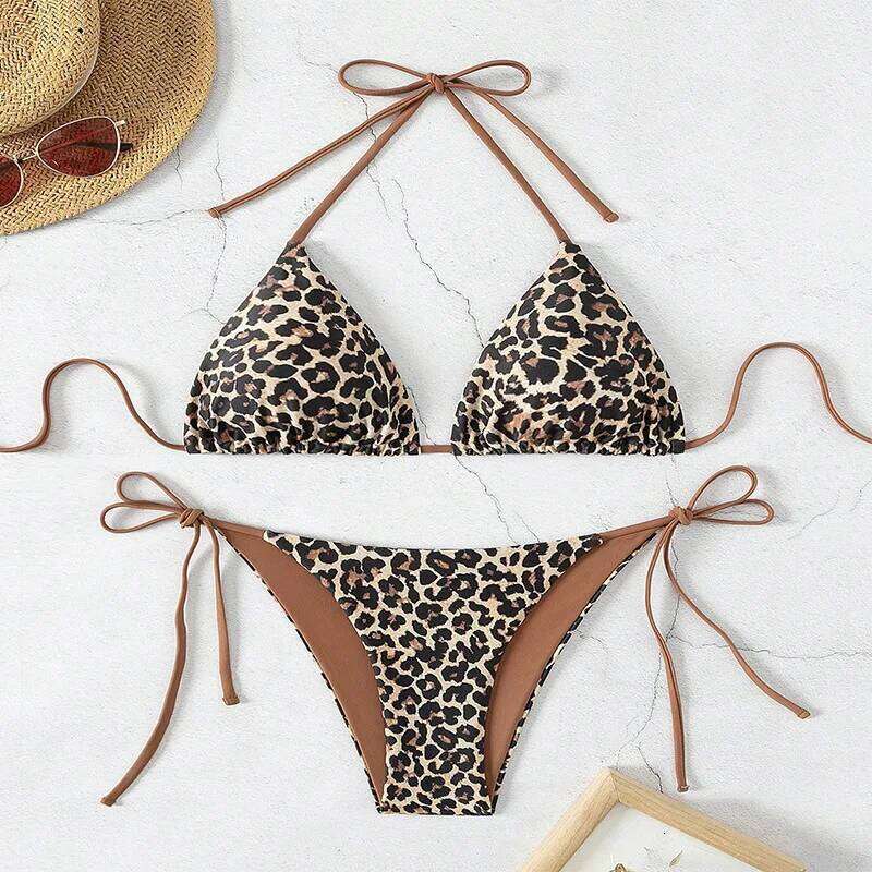 2025 Sexy Leopard Print Two Piece Swimsuit Triangle Bra Suspender Halter Backless Bikini Set Beach Vacation Lace-up Swimwear Z260301