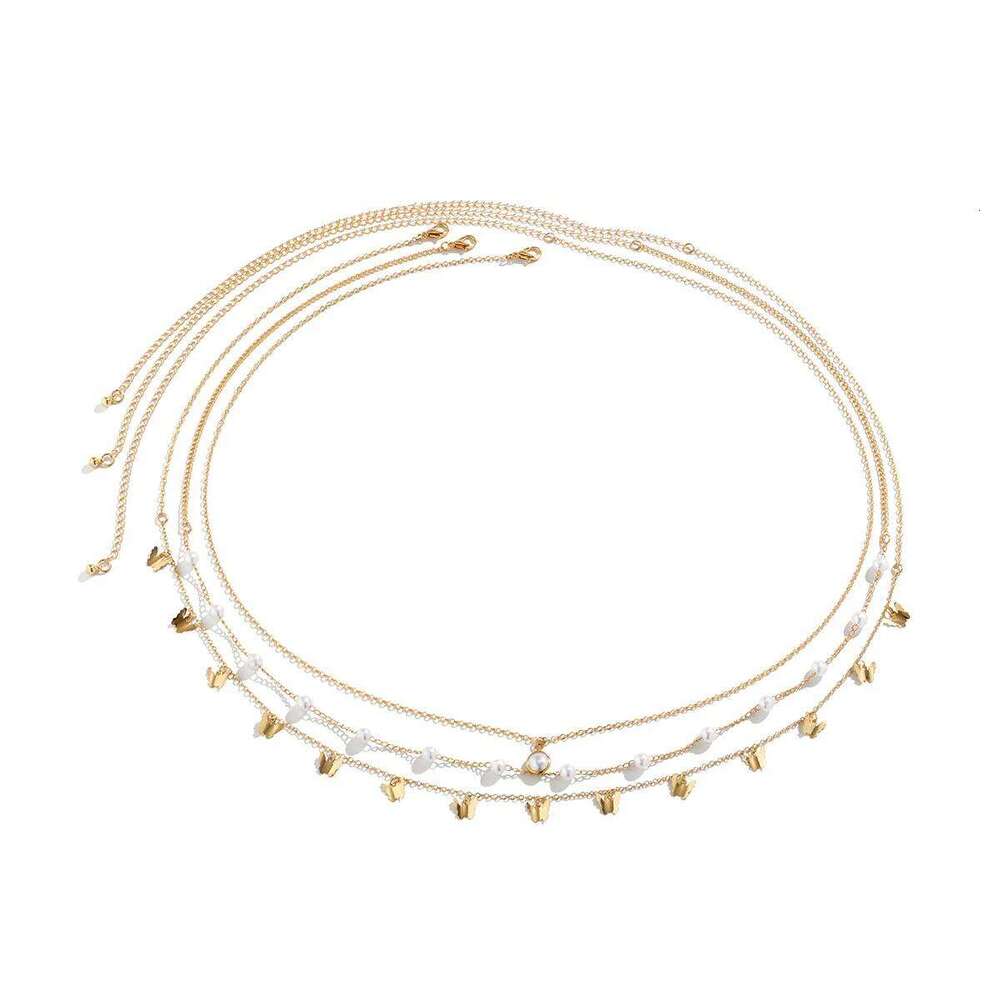 Retro Cute Butterfly Imitation Pearl Tassel Pendant Waist Chain 2025 Multi Layer Sweet Gold Color Metal Girl Fashion Jewelry H260228