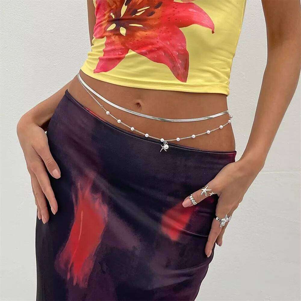 Wind Beach Vacation Imitation Pearl Starfish Pendant Waist Waistchain Sexy Snake Bone Body Chain H260228