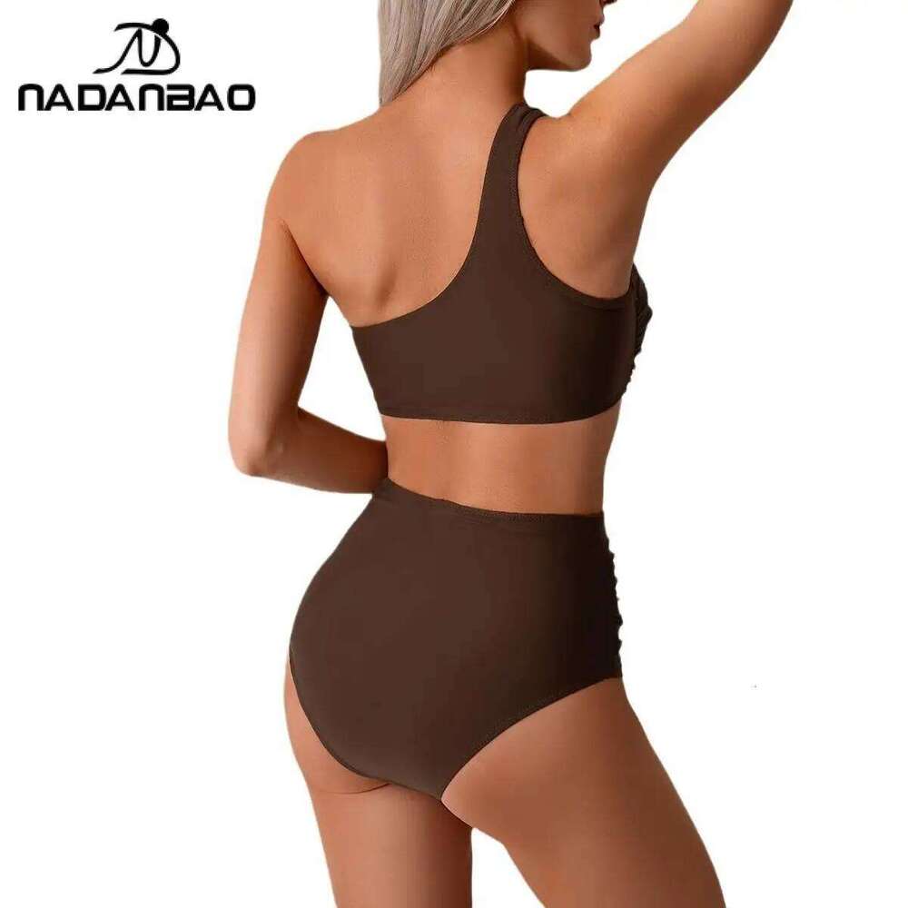 Nadanbao Two-piece Solid Bikini Set Women Fashion One-Shoulder Split Swimsuit High Waisted Women's swimsuit Pool 2025 Summer Z260301