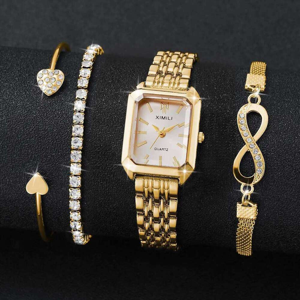 4PCS Fashion Rectangle Women es Luxury Stainless Steel Band Ladies Quartz Rhinestone s Set Reloj Mujer H260228