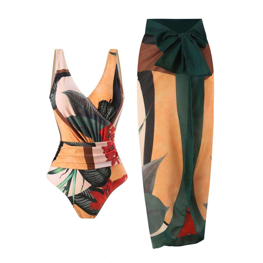 Summer retro digital printed lace up women's beach vacation one-piece swimsuit gauze skirt 2-piece set Z260301