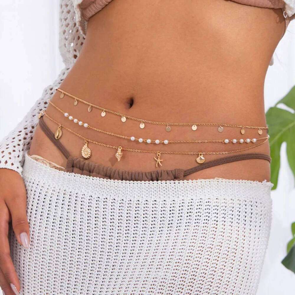SHIXIN 3Pcs/Set Gold Color Sequins Tassel Belly for Women Summer Beach Bikini Imitation Pearl Starfish Conch Waist Chain H260228
