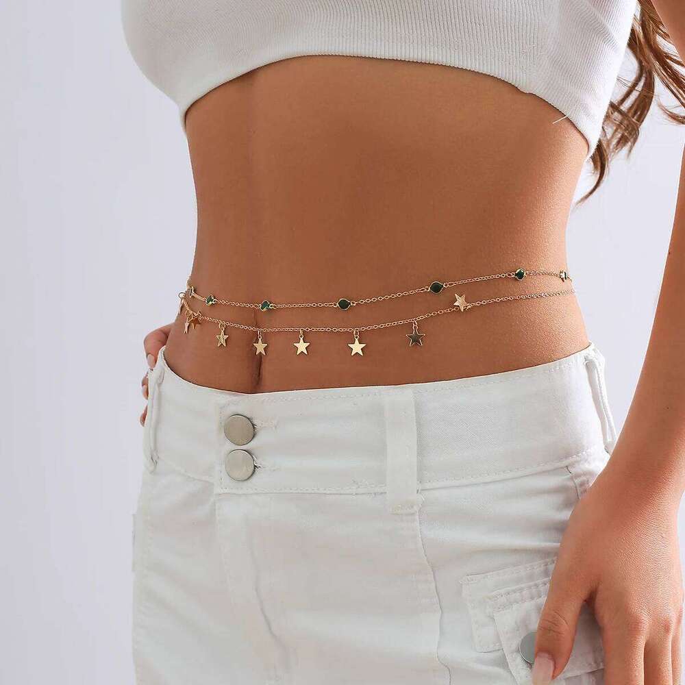 PuRui Bohemia Green Glass Rhinestone Tiny Star Pendant Charm Women Belly Waist Chain Sexy Bikini Body Jewelry Summer Beach Party H260228