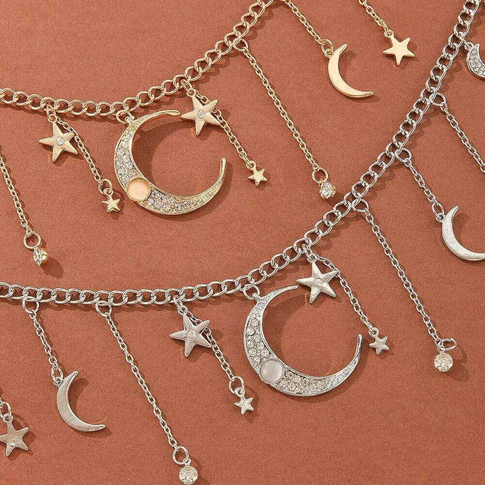 New Fashion Body Jewelry Summer Beach Vacation Rhinestone Star Moon Tassel Waist Chain Women's Party Accessories H260228