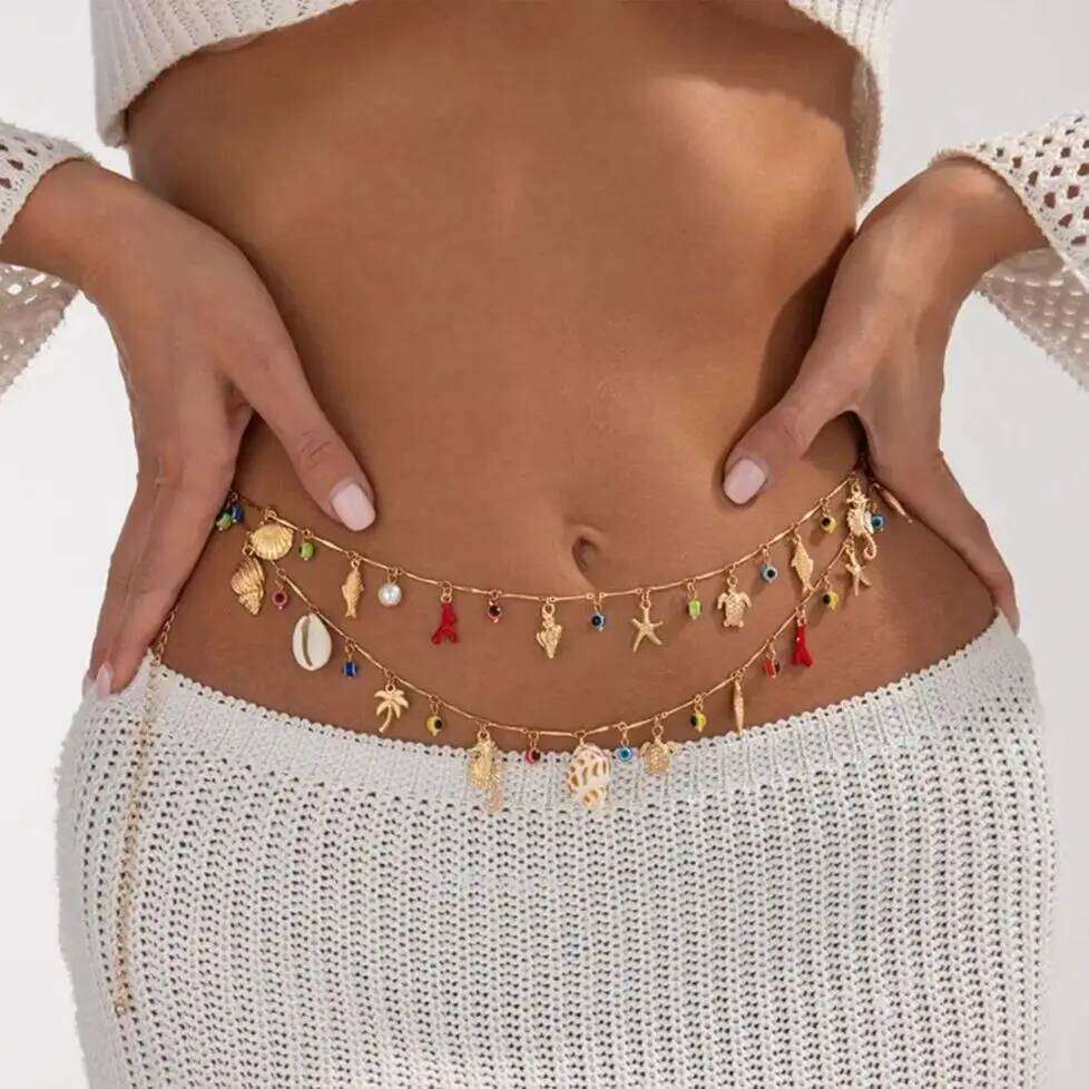Ingemark Bohemian Conch Seahorse Starfish Pendant Waist For Women Summer Beach Vacation Bikini Body Chain Charm Jewelry H260228