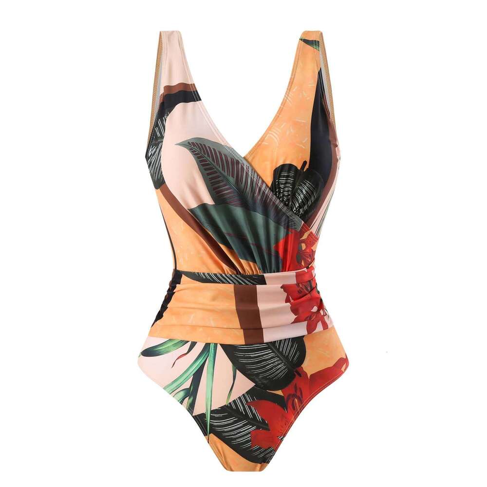 Summer retro digital printed lace up women's beach vacation one-piece swimsuit gauze skirt 2-piece set Z260301