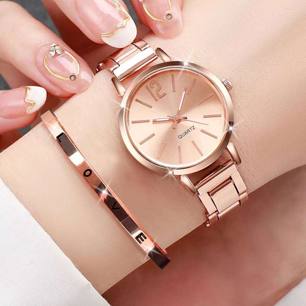 2PCS Women's Fashion Gold Steel Band Quartz Wrist Opening Cuff Set H260228
