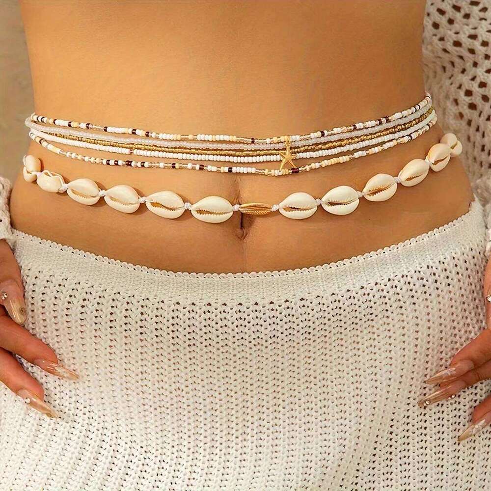 6Pcs Boho Starfish Pendant Seed Bead Beaded Waist Chain for Women Girls Beach Bikini Elastic Belly Belt Body Jewelry Accessories H260228