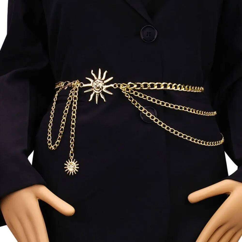 Fashion Vintage Punk Waist Metal Gold Silver Sun Moon Star Waistbands Hip Hop Womans Chain Belt H260228