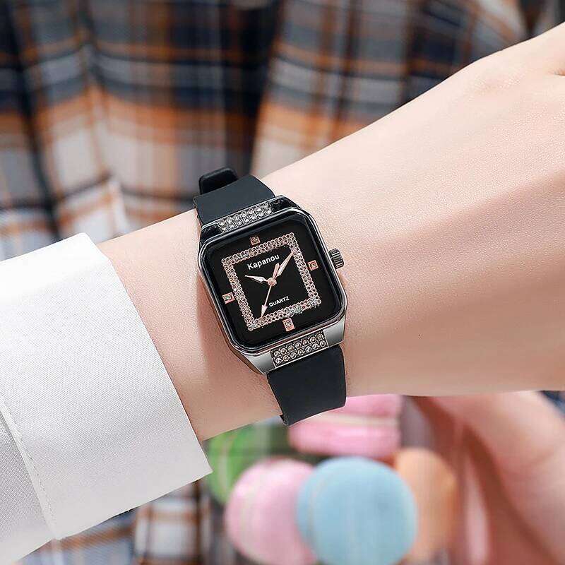 Women's fashionable square shell with diamond inlaid silicone quartz H260228
