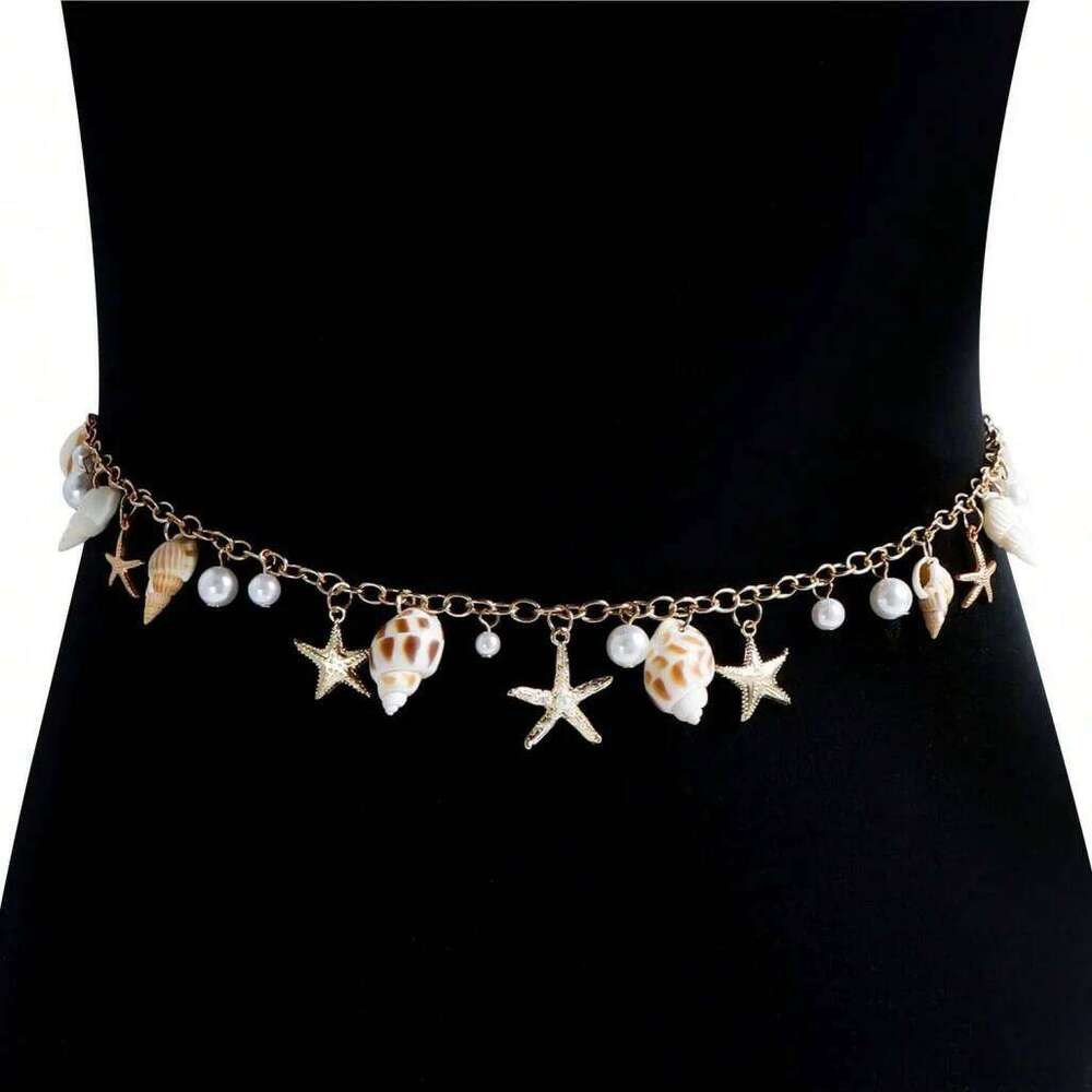 Bohemian Summer Beach Shell Chain, Imitation Pearl Starfish Conch Jewelry,Seaside Waist Accessory for Women H260228