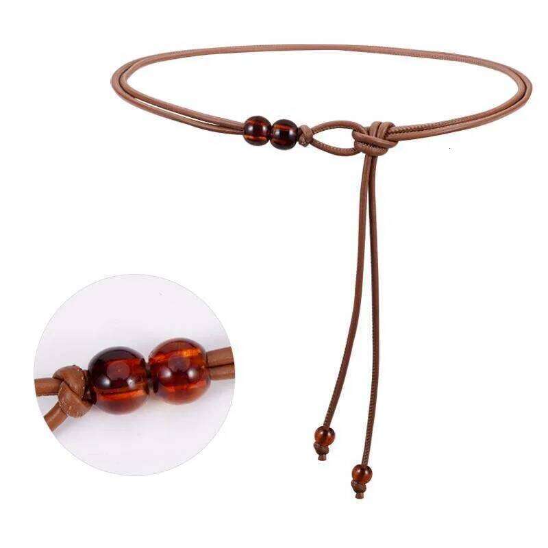 New Chinese Thin Belt for Women Ethnic Style Leather Beaded Dress Long Rope Knotted Waist Chain Jewelry H260228