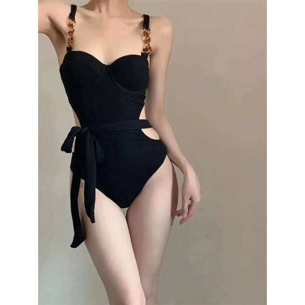 Sexy Korean Fashion Push Up Swimsuit One Piece Black and Beige with Waist Tie Hollow Bodysuits Bikinis Padded Swimwear Z260301