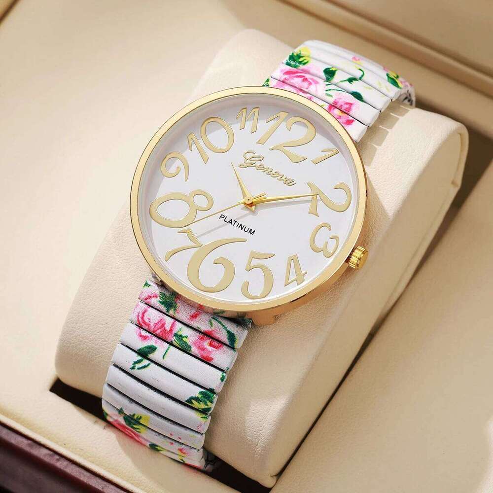 1/2/3/4PCS Fashion Flowers Printed Women Elastic Strap Arabic Quartz es Reloj Mujer Girls ClockWithout Box H260228