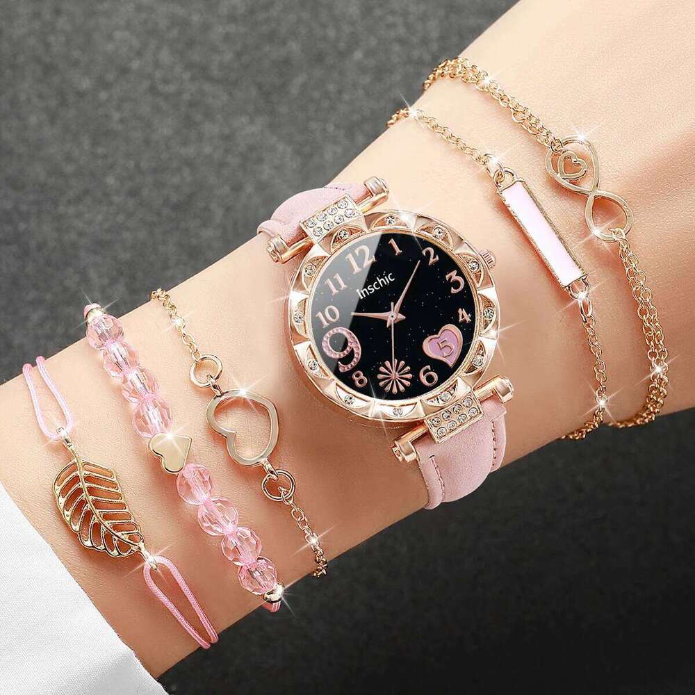 6PCS/Set Women es Fashion Rhinestone Heart Dial Quartz Leather Band Wristes s SetWithout Box H260228